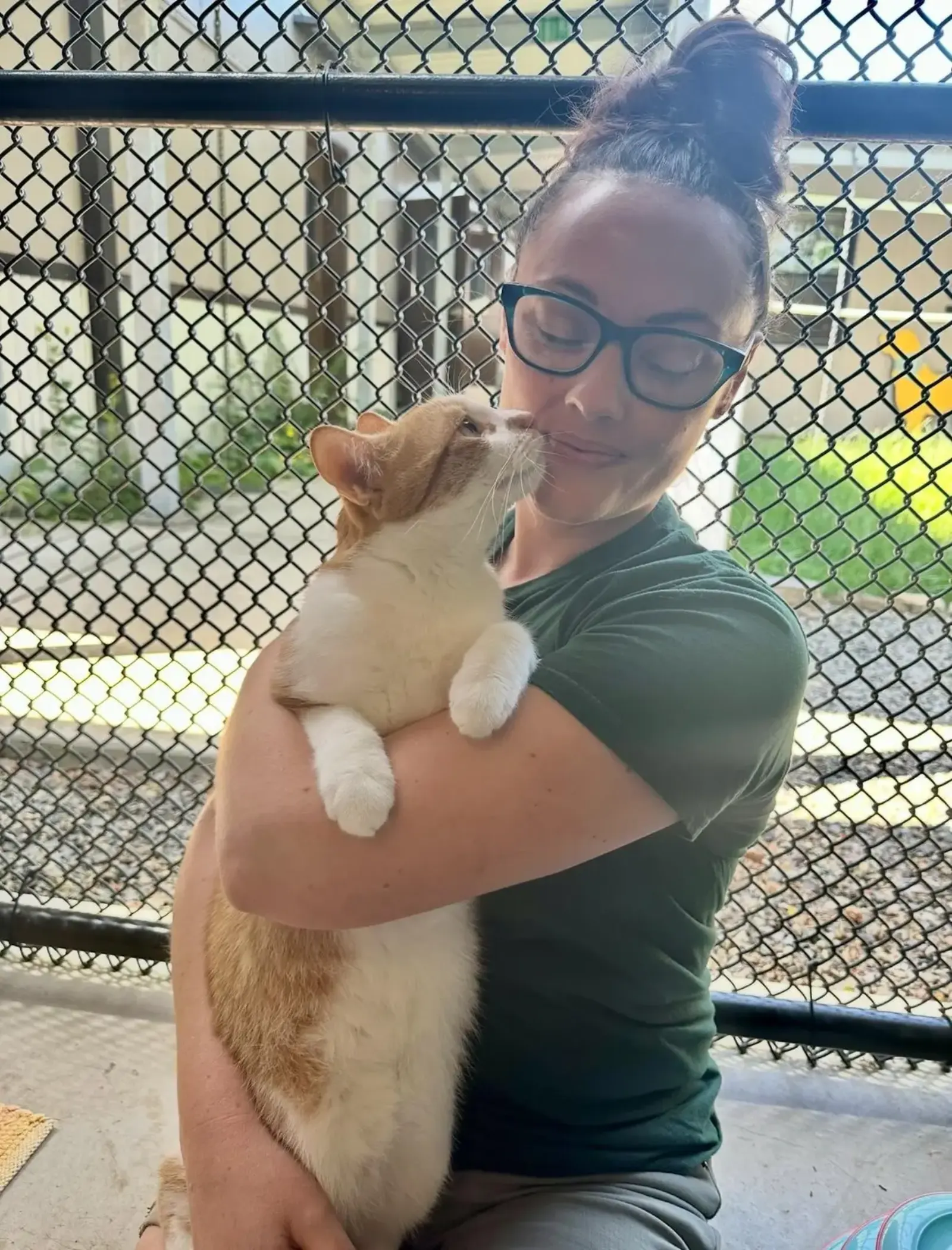 Sarah cuddling a cat at Greenhill Humane Society
